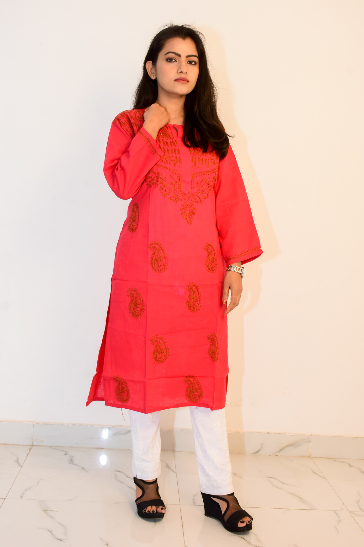 Buy Hand Embroidered Lucknowi Chikan Red Cotton Kurti