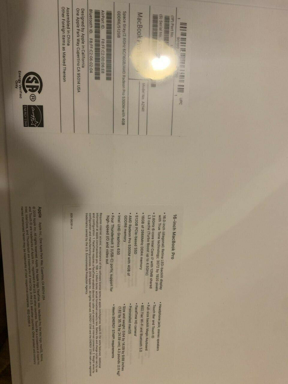 NEW 2019 Apple 16 inch MacBook Pro Space Gray 2.6Ghz 6-core i7 16GB 512GB